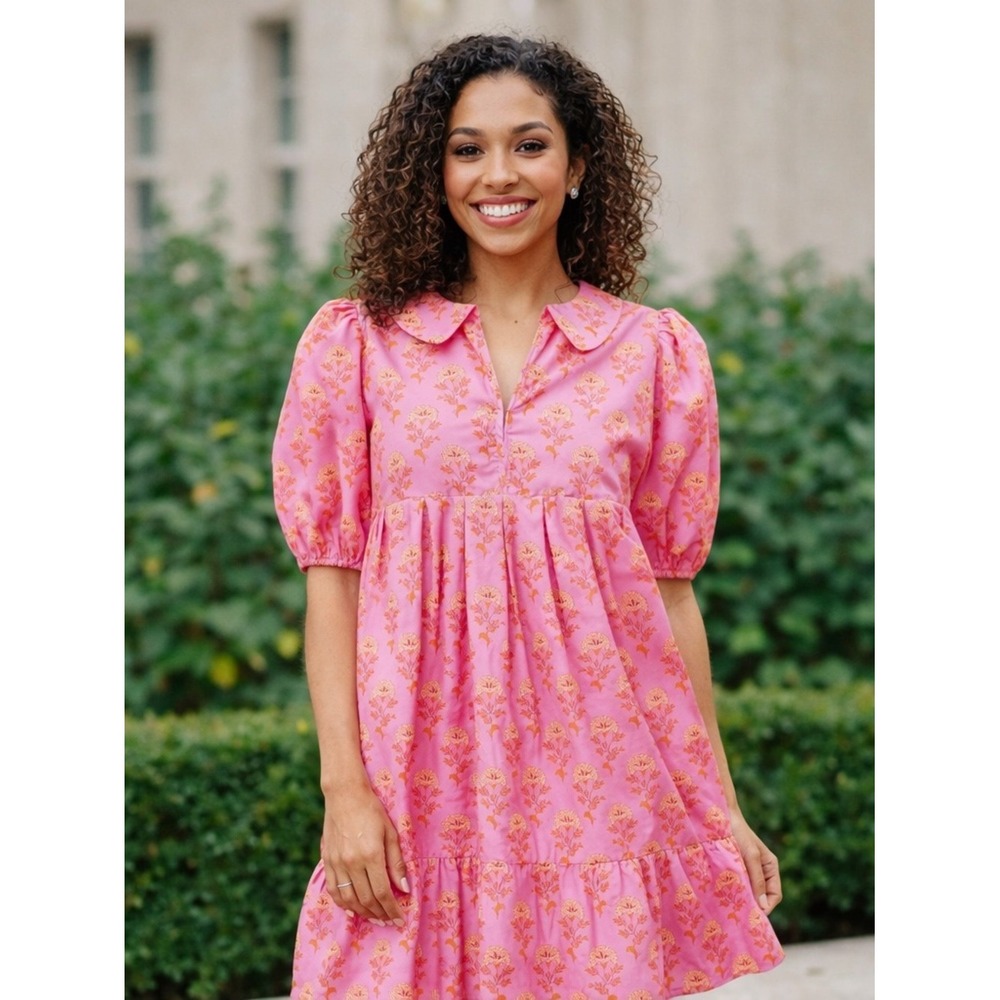 J.Marie Ella Ann Pink Floral Dress XL Peter Pan Collar Puff Sleeve Babydoll